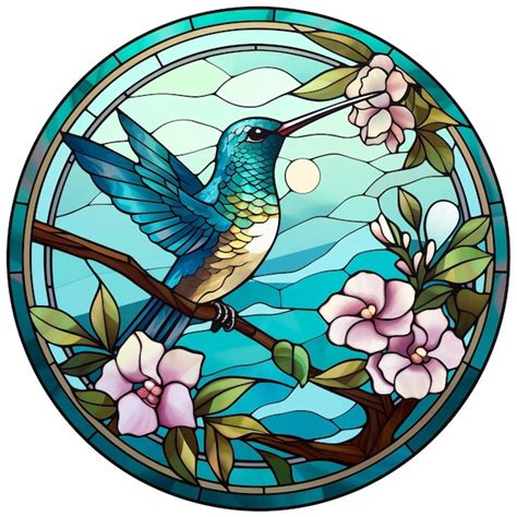 Premium Photo Stained Glass Round Hummingbird Flowers