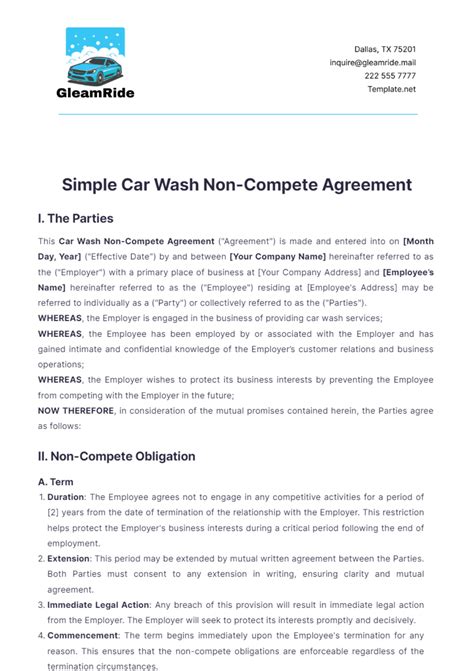 Free Simple Car Wash Non Compete Agreement Template Edit Online