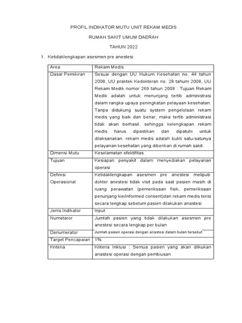 Profil Indikator Mutu Unit Rekam Medis Pdf