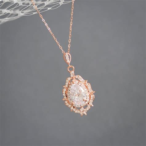 Crystal Bridal Necklace Wedding Necklace Rose Gold Necklace Etsy