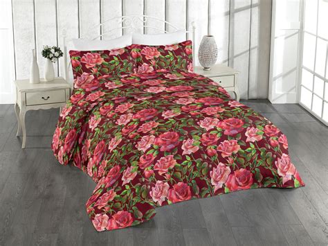 Ambesonne Tropical Quilted Bedspread Set 3 Pcs Watercolor Rose