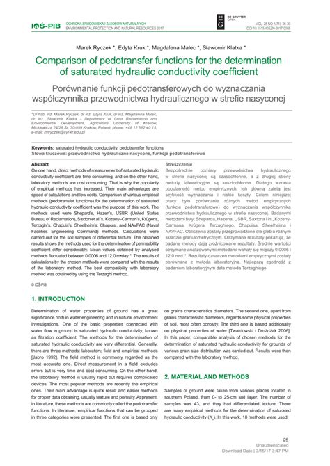 Pdf Comparison Of Pedotransfer Functions For The Determination Of