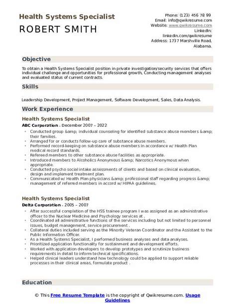 Health Systems Specialist Resume Samples Qwikresume