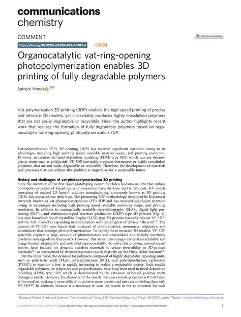 PDF Organocatalytic Vat Ring Opening Photopolymerization Enables 3D