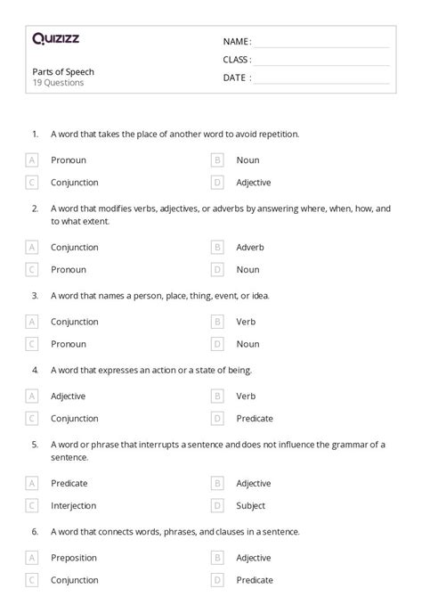 50 Parts Of Speech Worksheets For 7th Class On Quizizz Free Printable