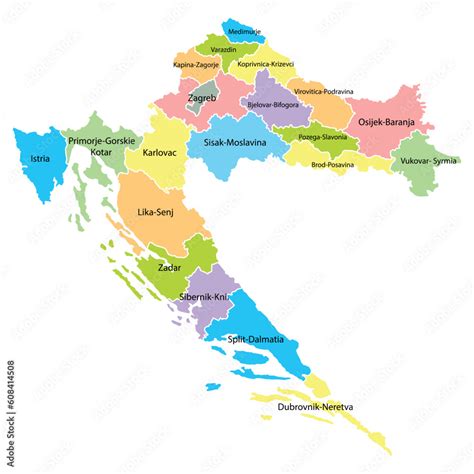 Croatia Map Background With Regions Region Names And Cities In Color