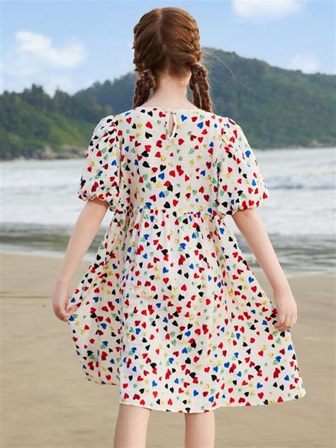 Tween Girl Heart Print Puff Sleeve Smock Dress SHEIN USA