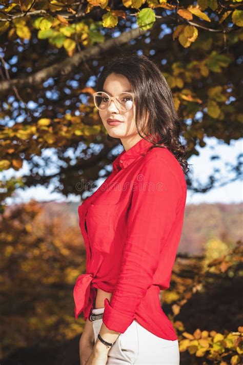 Beautiful Brunette Relaxes In Leaves Near A Tree Stock Image Image Of Happiness Outdoors