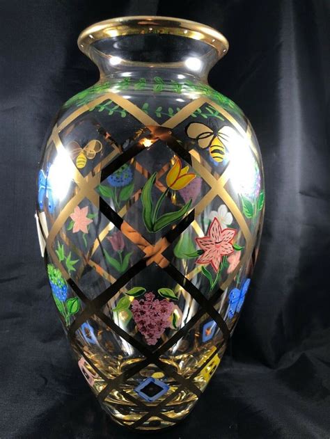 Lenox Glass Vase With Elegant Gold Trellis Design And Hand Painted Bees Flowers Ebay Trellis