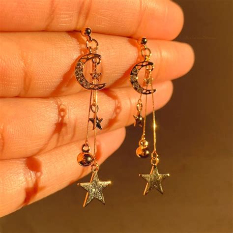 Moon Stars Drop Earrings Etsy