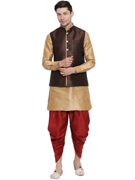 Buy Vastramay Mens Gold Silk Blend Jacket Kurta And Dhoti Set Of 3