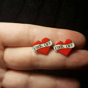 Fuck Off Tattoo Heart Stud Earrings Feminist Jewelry Rockabilly Pin Up Girl Alternative Mature