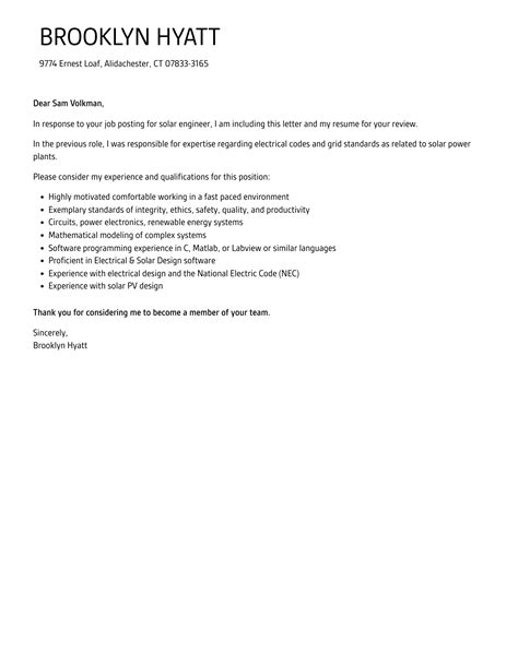 Solar Engineer Cover Letter Velvet Jobs