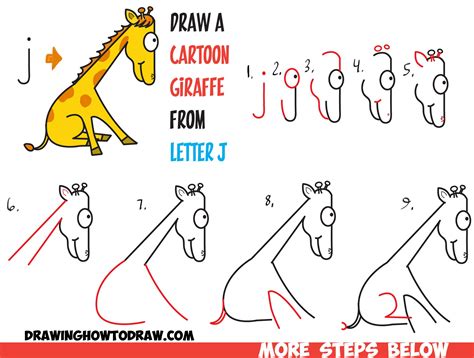 How To Draw A Cartoon Giraffe From Lowercase Letter J Shape In Easy