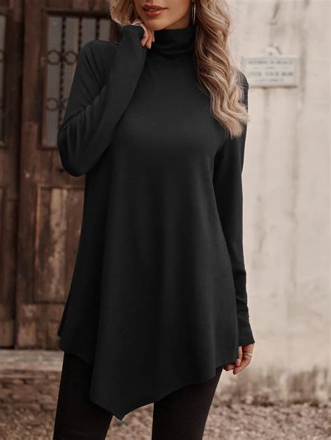 Asymmetric Casual Plain Turtleneck A-Line Jersey Long Sleeve T-Shirt ...