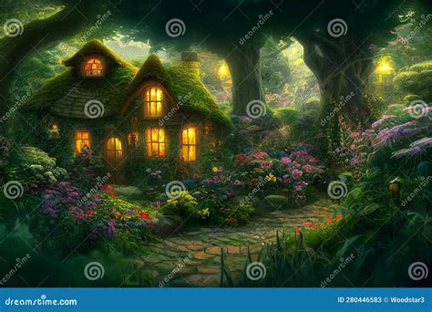 Natural Landscape Of A Fairy Tale Country With Houses And Flowers