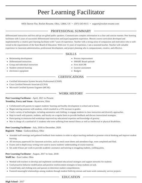 Peer Learning Facilitator Resumes Rocket Resume