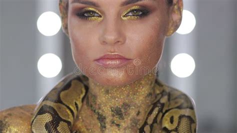 Woman With Snake Body Art And Serpent Posing Stock Video Video Of