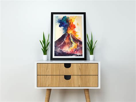 Watercolor Volcanic Eruption Watercolor Vulcano Watercolour Digital