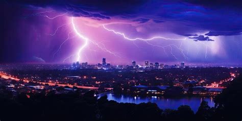 Premium Photo Lightning Storm Over City In Purple Light