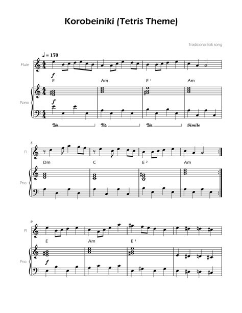 Tetris Theme For Flute And Piano Arr Ygor Nunes By Traditional Folk Song Sheet Music For