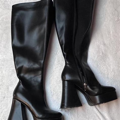 Lamoda Flared Heel Knee High Boots In Black Depop