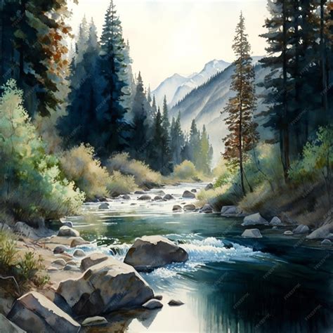 Premium AI Image | A watercolor landscape painting of a peaceful riverAi generative