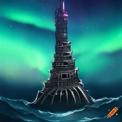 Anime Style Tower In The Ocean With Aurora Borealis