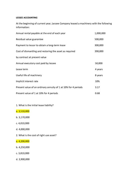 Lessee Accounting Problem Lessee Accounting At The Beginning Of