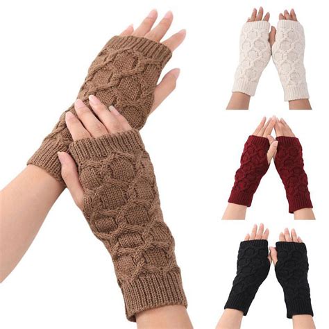 Womens Fingerless Gloves Winter Warm Knit Crochet Thumbhole Arm Warmers