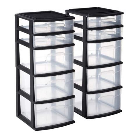 Homz Plastic 5 Drawer Medium Home Storage Container Tower Black Frame