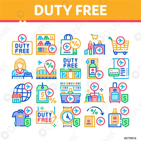Duty Free Shop Store Collection Icons Set Vector - stock vector 3778916