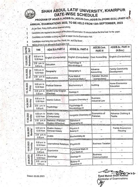 Shah Abdul Latif University Ada Ads Adc Date Sheet 2023