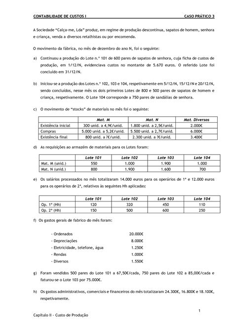 Caso Pr Tico Custos De Produ O Contabilidade De Custos I Caso