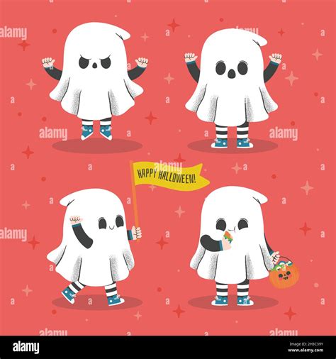 Hand Drawn Halloween Ghost Collection Design Vector Illustration Stock