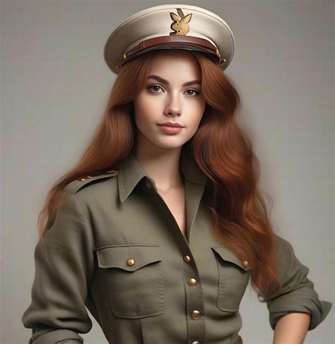 Portrait Of A Beautiful Redhead Girl In A Military Uniform Premium Ai