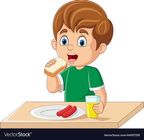 Cartoon Boy Having Breakfast With Bread Sausage Vector Image On Vectorstock