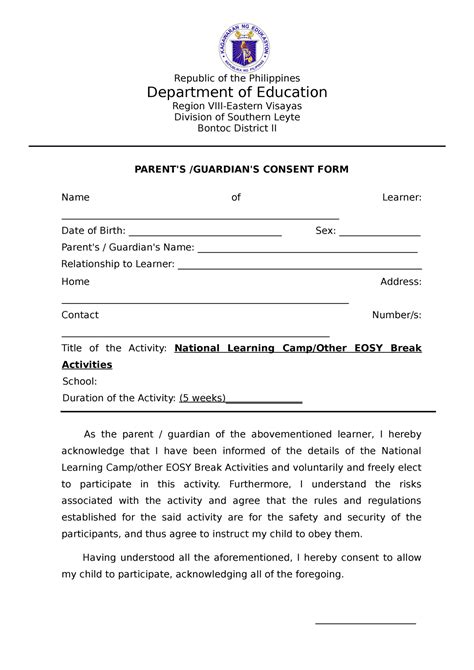 Parent Consent NLC Sample Consent Form Republic Of The Philippines