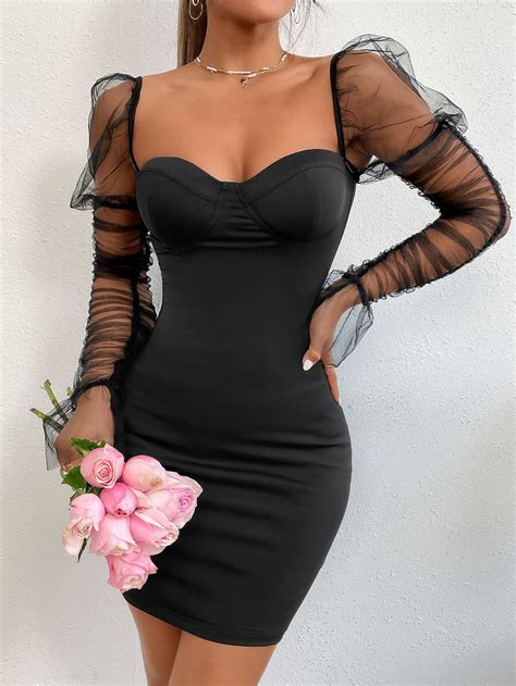 Contrast Mesh Gigot Sleeve Bodycon Dress Artofit