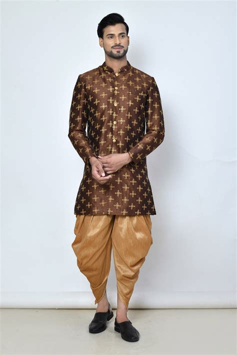 Buy Brown Dupion Silk Embroidered Floral Sherwani And Patiala Set For