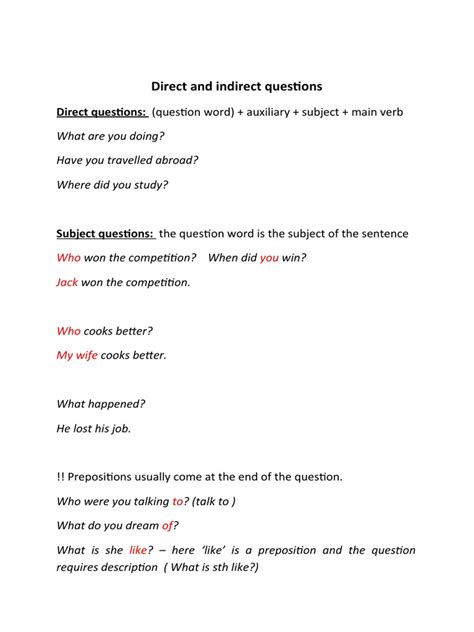 Direct And Indirect Questions Direct Questions Question Word