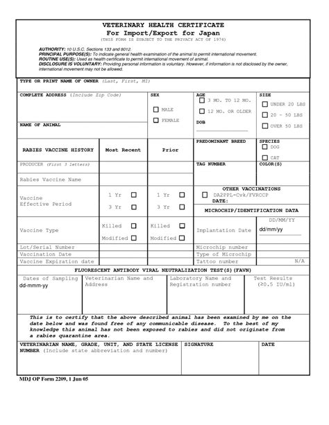 Printable Veterinary Health Certificate Form