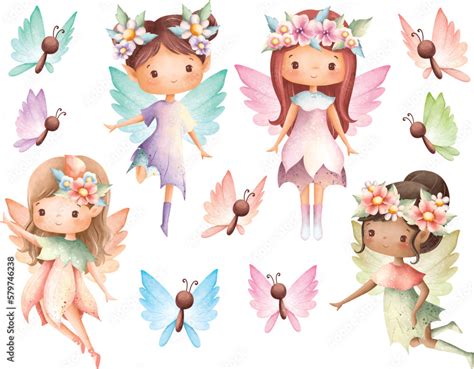 Watercolor Illustration Set Of Flower Fairy And Butterfly Stock Vector