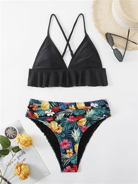 Tropical Print Ruffle Trim Bikini Swimsuit Shein Usa