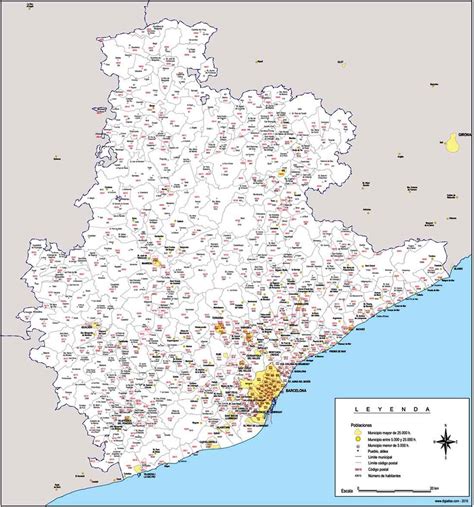 Barcelona Mapa Provincial Con Municipios C Digos Postales Y Habitantes