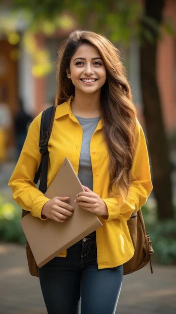 Young Indian College Girl Holding Backpack And Books And Giving Happy