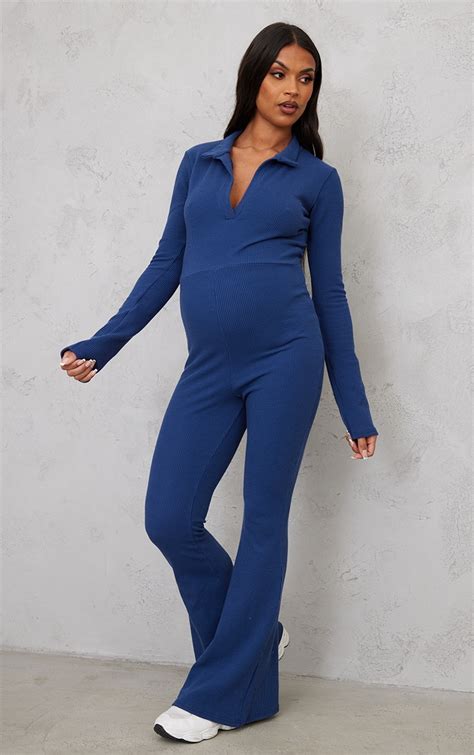 Maternity Navy Rib Collar Flare Leg Jumpsuit Prettylittlething Aus