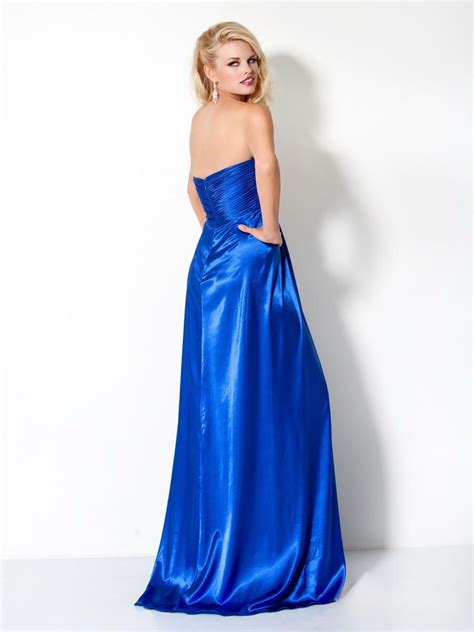 Blue Column Strapless Sweetheart Full Length High Slit Sweep Train