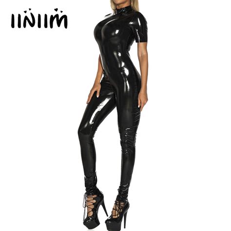 Billionm Womens Lingerie Latex Patent Leather Bodysuit Glossy Mock Neck
