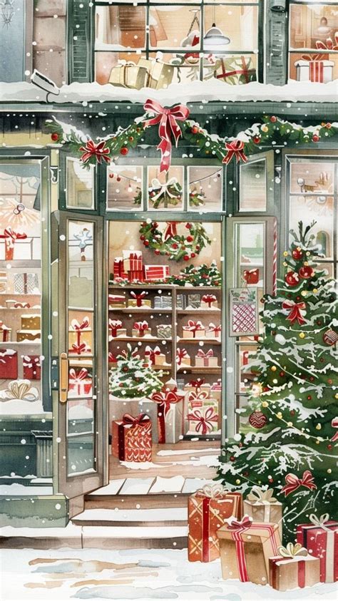 A Painting Of A Christmas Tree In Front Of A Store With Presents On The